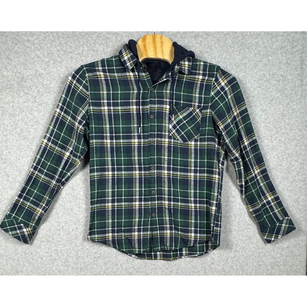 Nomad Hooded Flannel Shirt Mens Large Green Plaid Cotton Button Down Hoody